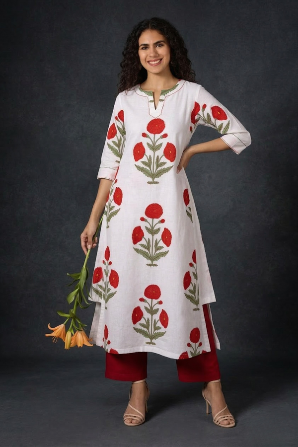 Red Poppy Meadow Cotton Long Kurta Top With Side Twist Mc