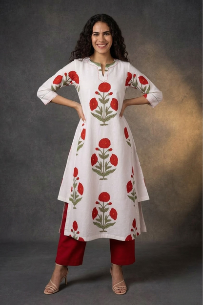 Red Poppy Meadow Cotton Long Kurta Top With Side Twist Mc
