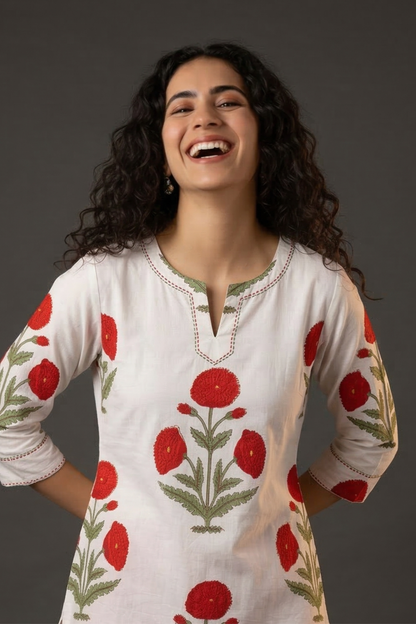 Red Poppy Meadow Cotton Long Kurta Top With Side Twist Mc