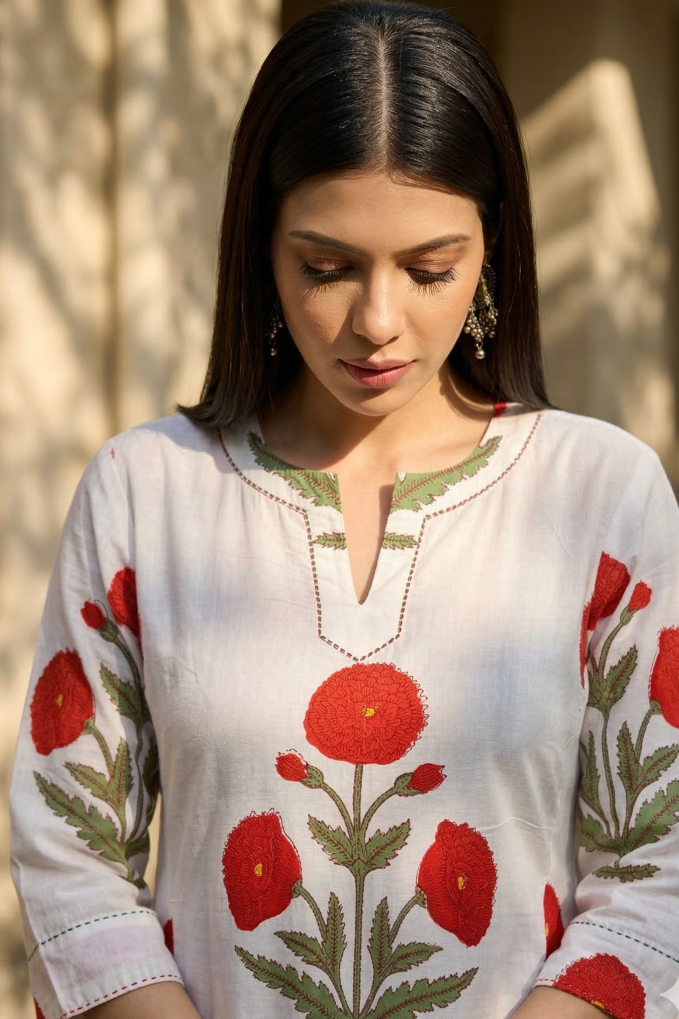 Red Poppy Meadow Cotton Long Kurta Top With Side Twist Mc