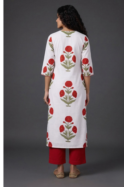 Red Poppy Meadow Cotton Long Kurta Top With Side Twist Mc