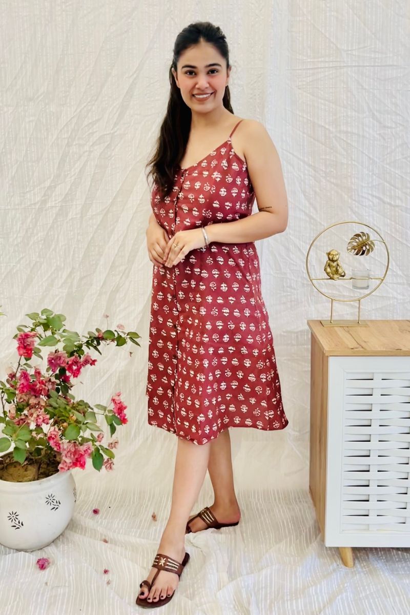 Rust Block Print Slip Dress
