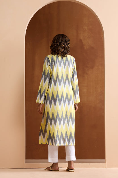 Murraya Yellow Posie Ikat Handloom Cotton Kurta