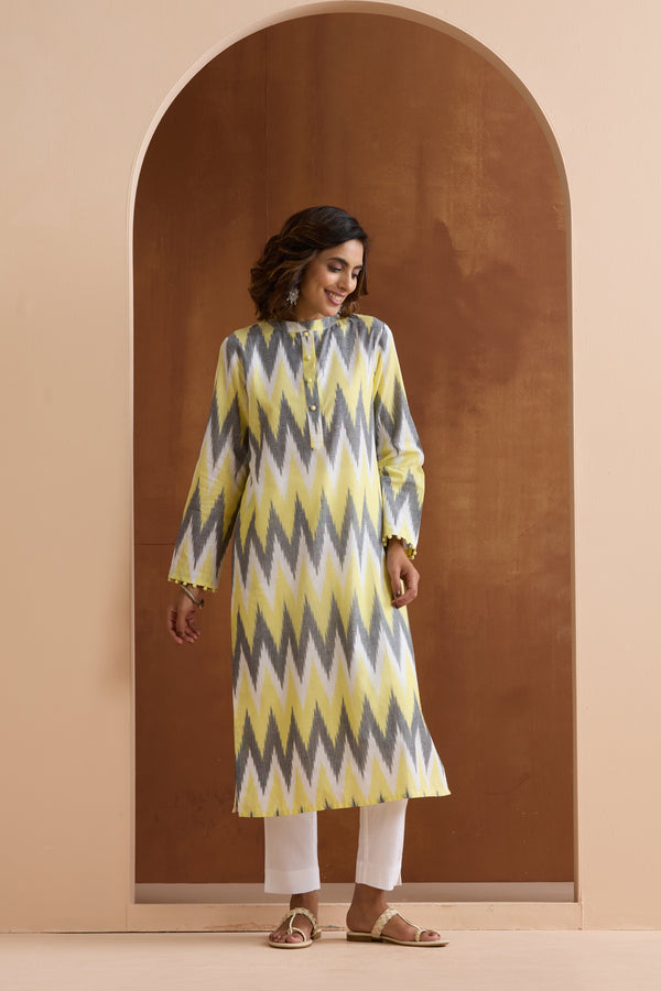 Murraya Yellow Posie Ikat Handloom Cotton Kurta