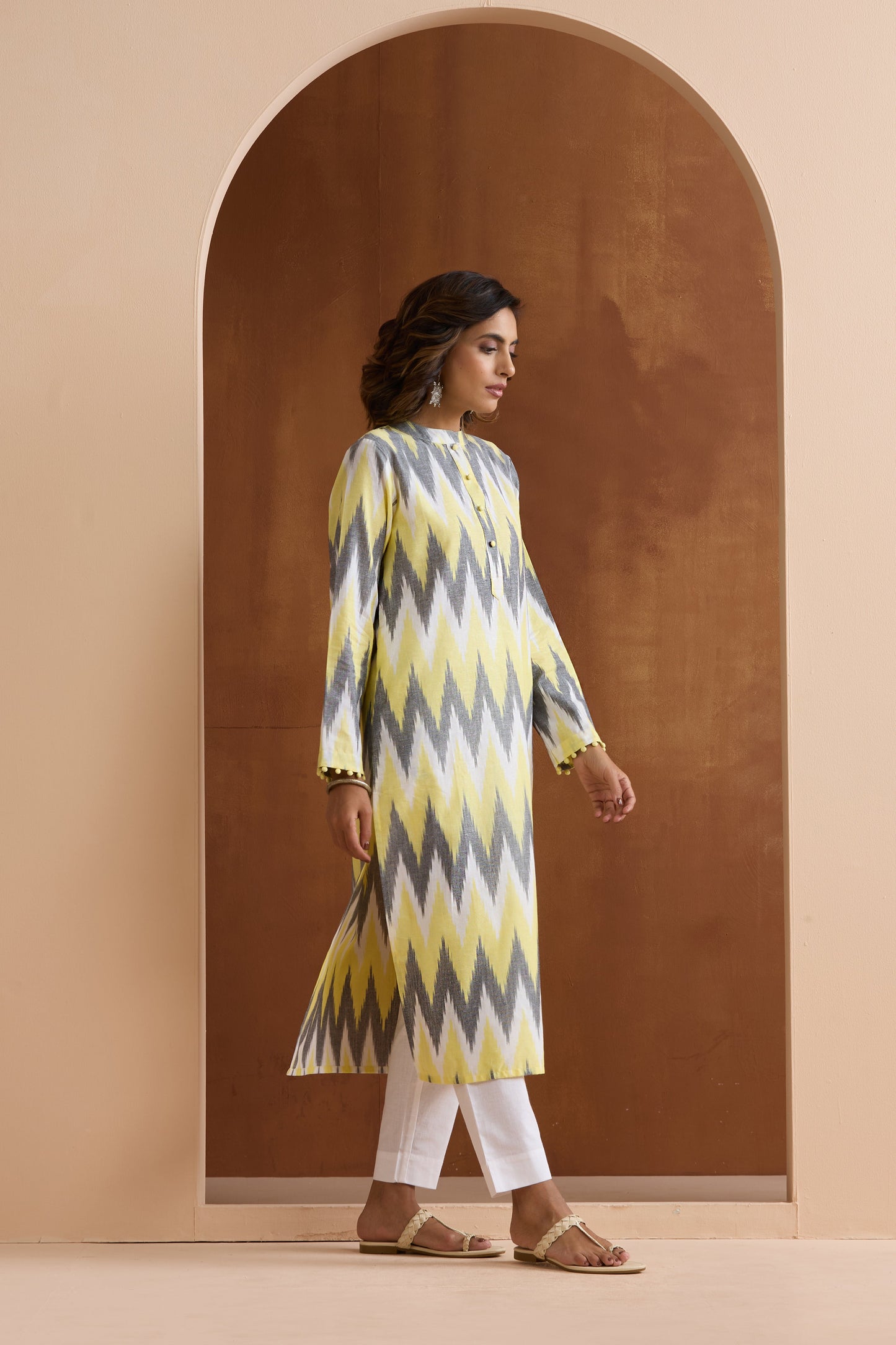 Murraya Yellow Posie Ikat Handloom Cotton Kurta Set of 2