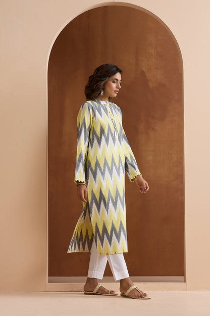 Murraya Yellow Posie Ikat Handloom Cotton Kurta Set of 2