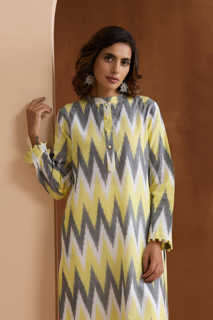 Murraya Yellow Posie Ikat Handloom Cotton Kurta