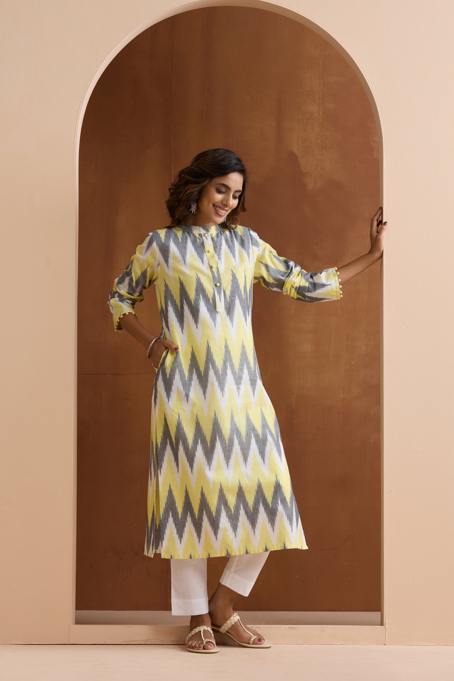 Murraya Yellow Posie Ikat Handloom Cotton Kurta Set of 2