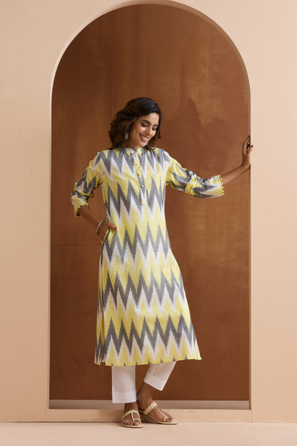 Murraya Yellow Posie Ikat Handloom Cotton Kurta