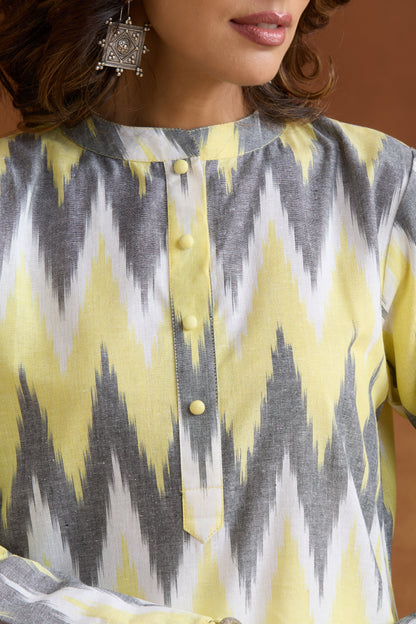 Murraya Yellow Posie Ikat Handloom Cotton Kurta Set of 2