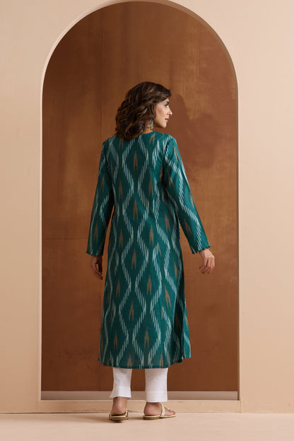 Murraya Green Gracie Ikat Handloom Cotton Kurta Set of 2