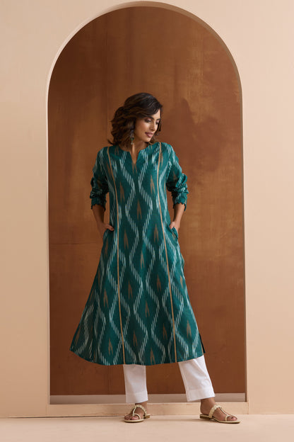 Murraya Green Gracie Ikat Handloom Cotton Kurta