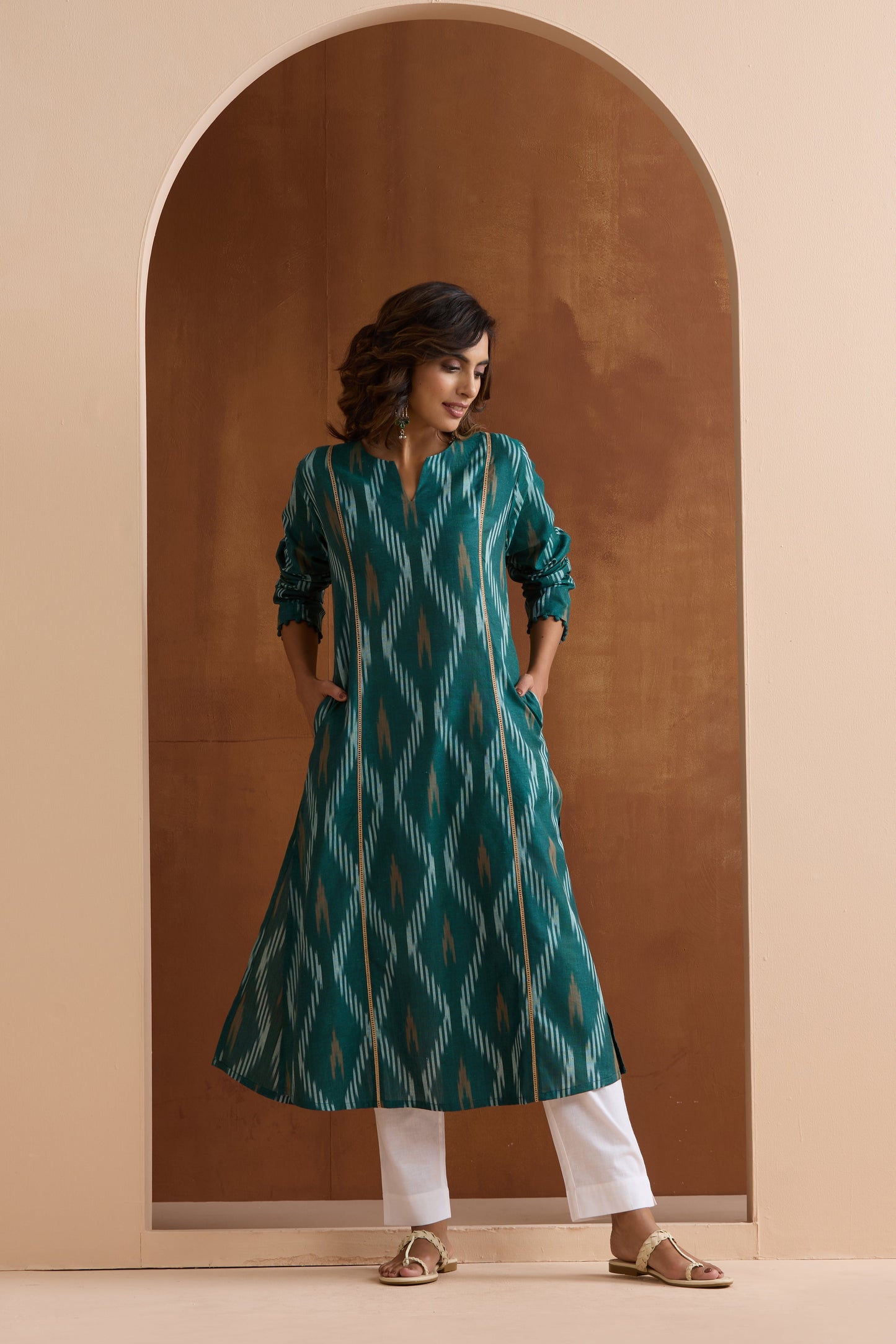 Murraya Green Gracie Ikat Handloom Cotton Kurta Set of 2