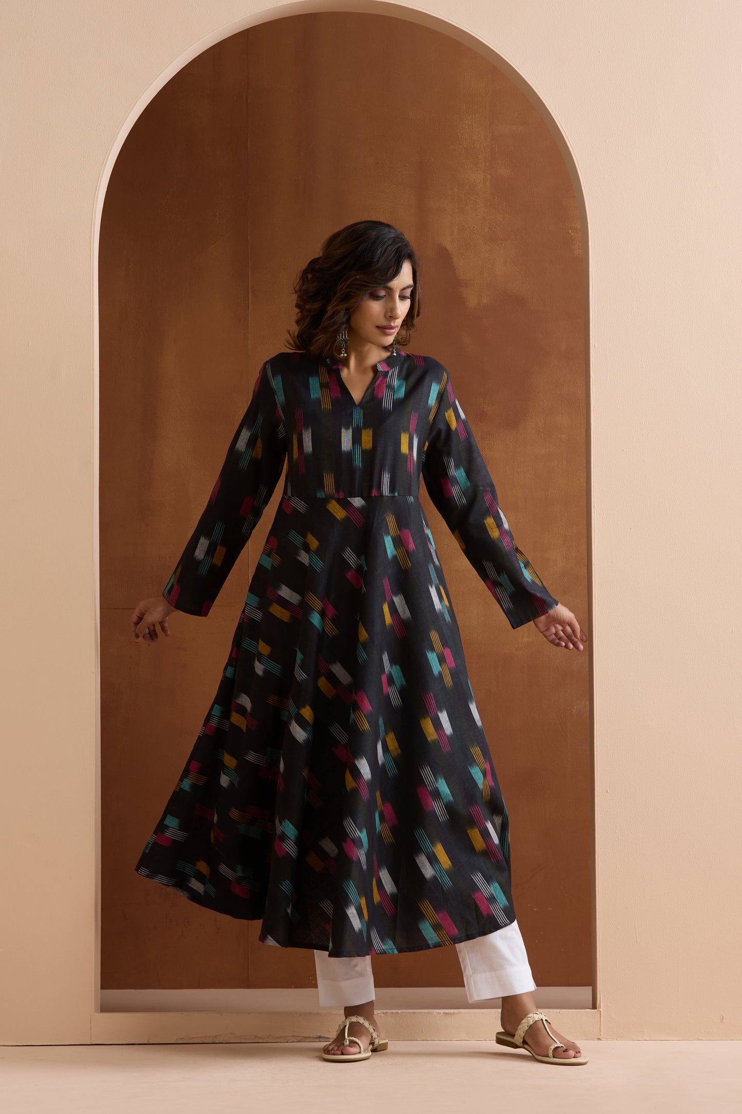 Murraya Ebony Black Ikat Handloom Cotton Anarkali Kurta