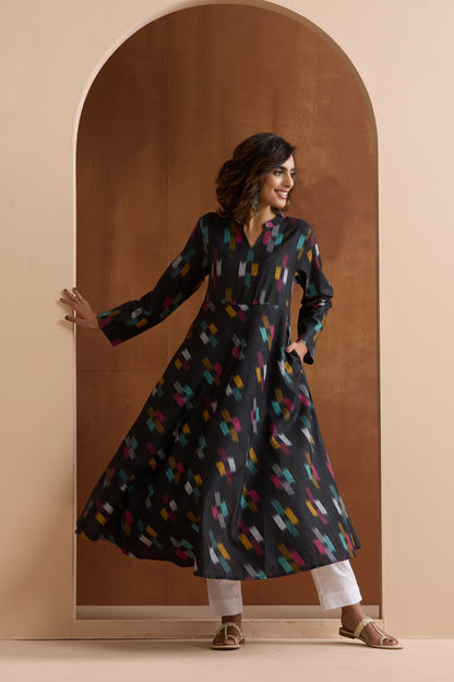 Murraya Ebony Black Ikat Handloom Cotton Anarkali Kurta