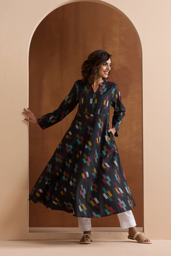Murraya Ebony Black Ikat Handloom Cotton Anarkali Kurta