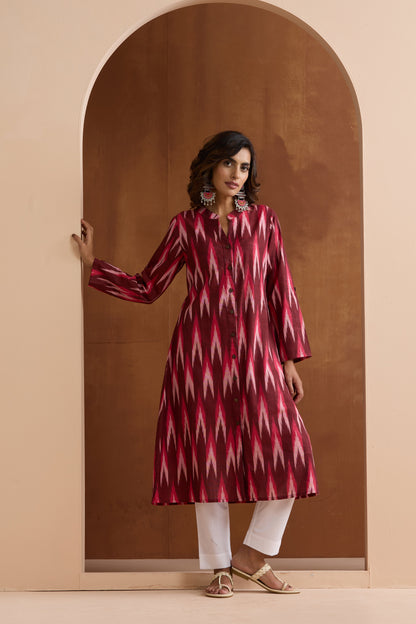 Murraya Maroon Meryl Ikat Handloom Cotton Kurta