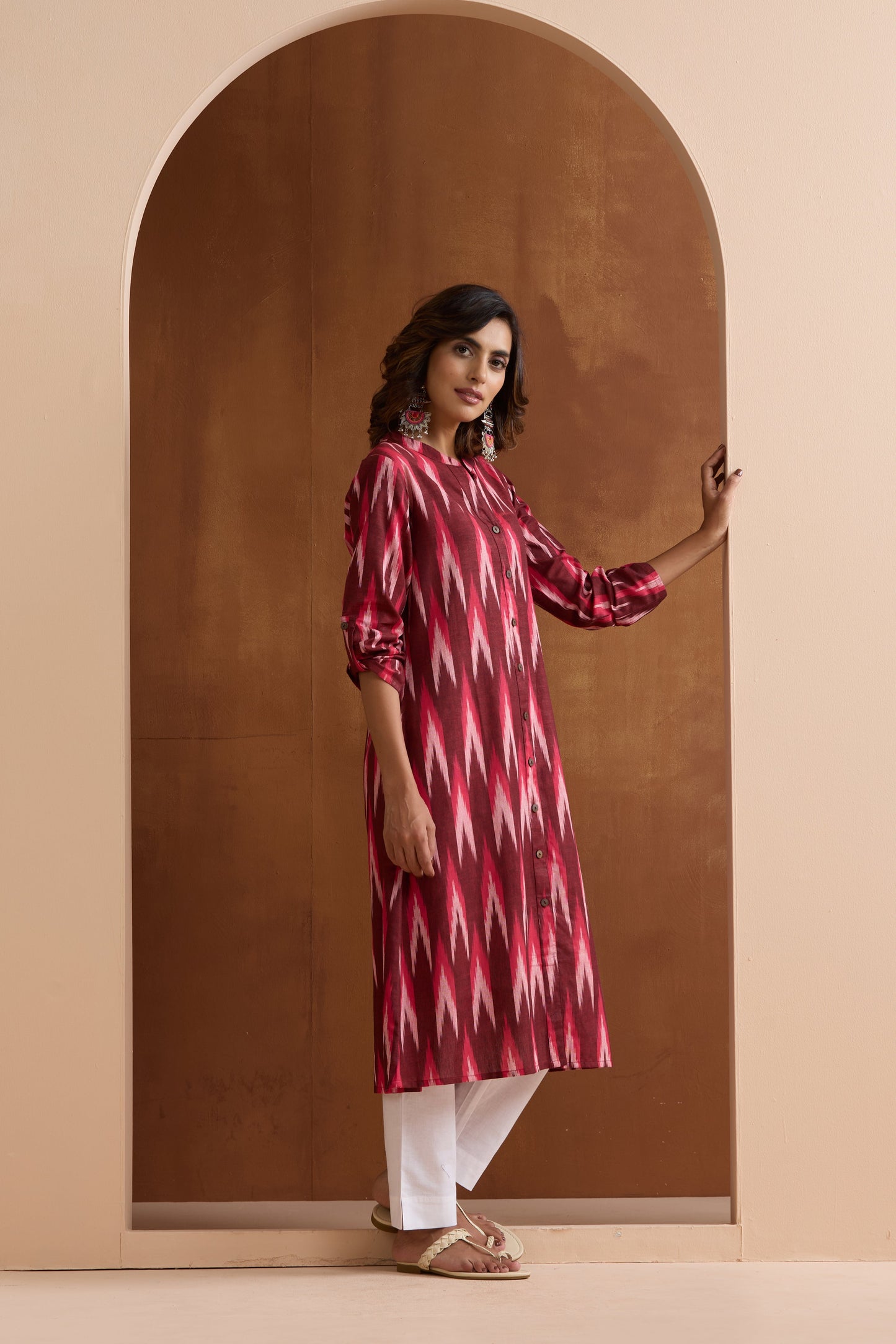 Murraya Maroon Meryl Ikat Handloom Cotton Kurta