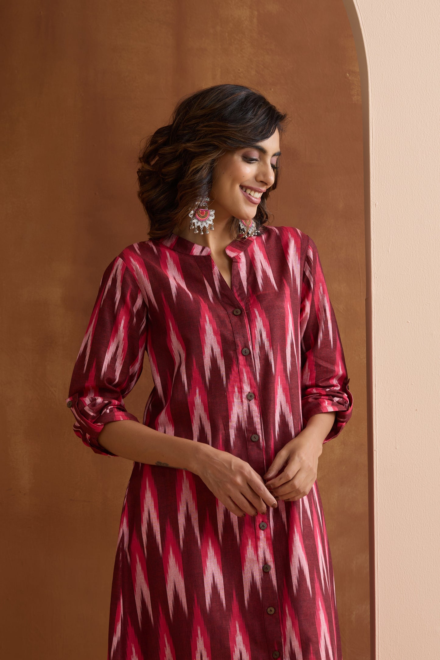 Murraya Maroon Meryl Ikat Handloom Cotton Kurta