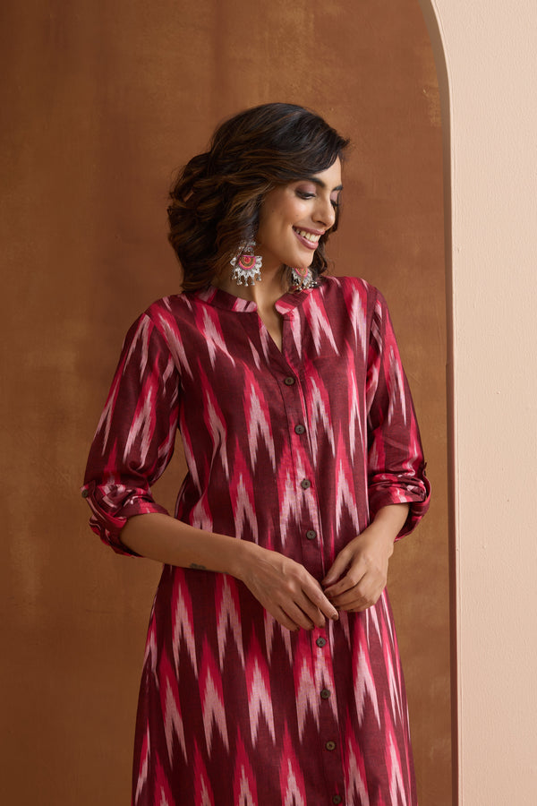 Murraya Maroon Meryl Ikat Handloom Cotton Kurta