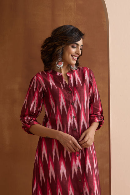 Murraya Maroon Meryl Ikat Handloom Cotton Kurta Set of 2