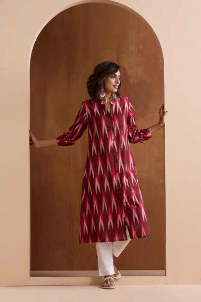 Murraya Maroon Meryl Ikat Handloom Cotton Kurta Set of 2