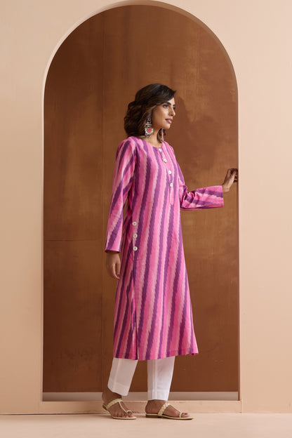 Murraya Pink Rosie Ikat Handloom Cotton Kurta Set of 2