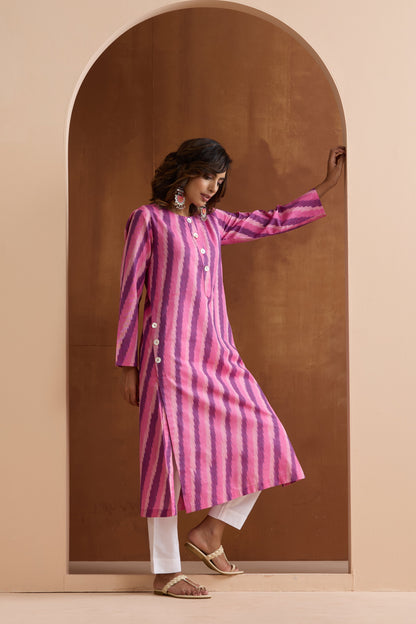 Murraya Pink Rosie Ikat Handloom Cotton Kurta