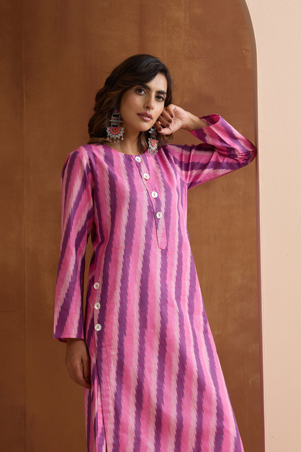 Murraya Pink Rosie Ikat Handloom Cotton Kurta Set of 2