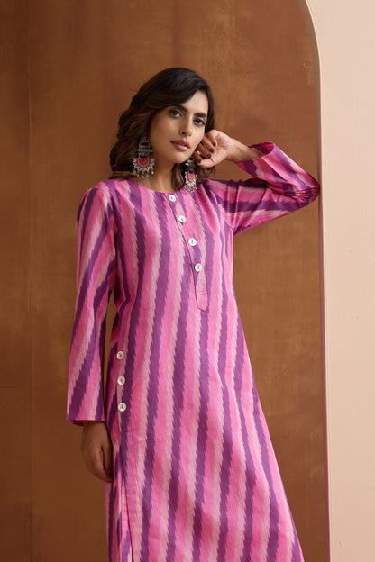 Murraya Pink Rosie Ikat Handloom Cotton Kurta