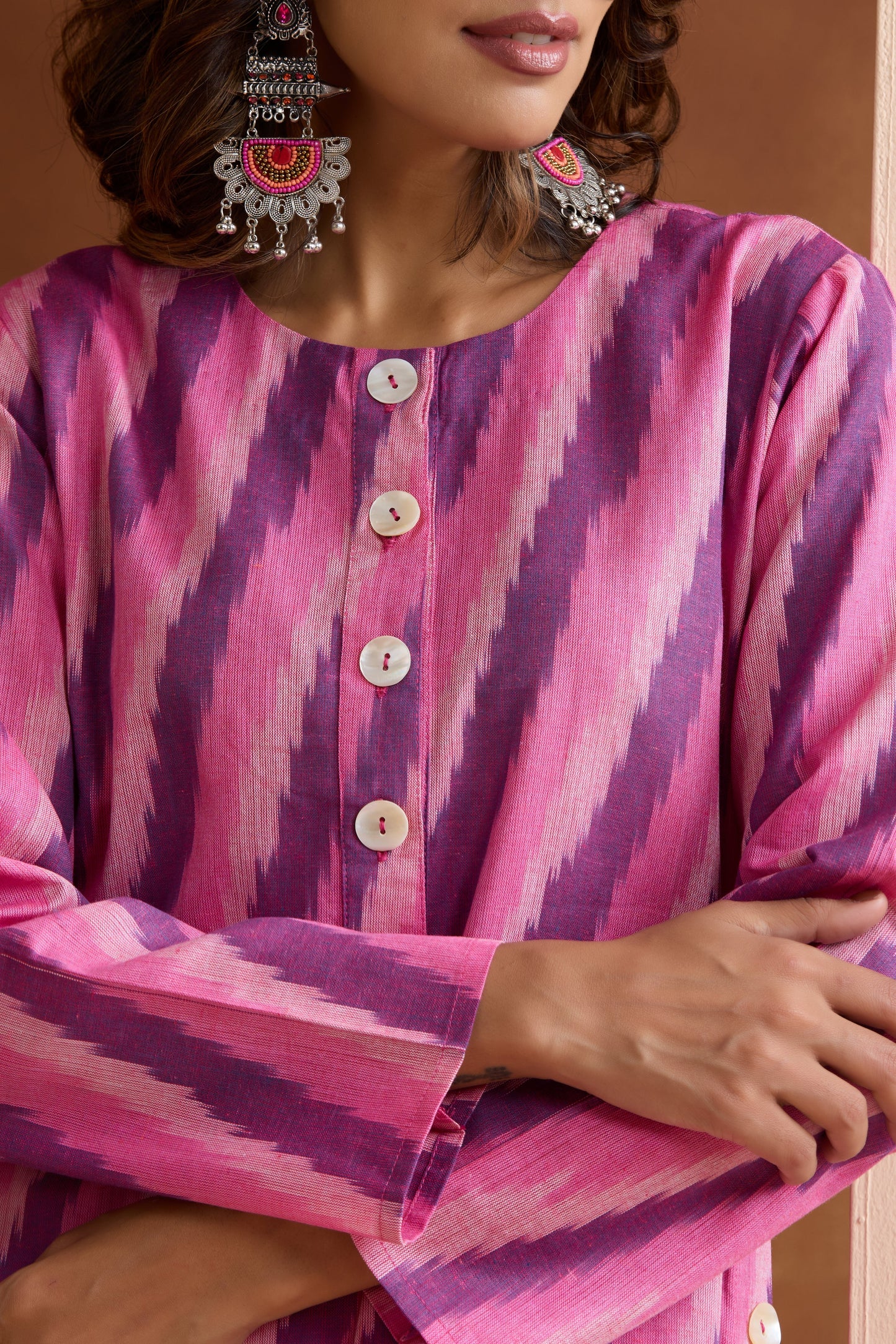 Murraya Pink Rosie Ikat Handloom Cotton Kurta Set of 2