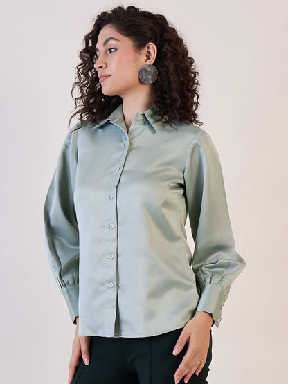 Sage Green Balloon Sleeve Satin Shirt