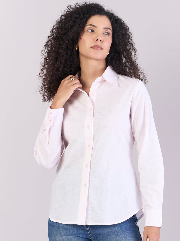 PowerSutra Baby Pink Soft Textured Cotton-linen Long Sleeve Shirt