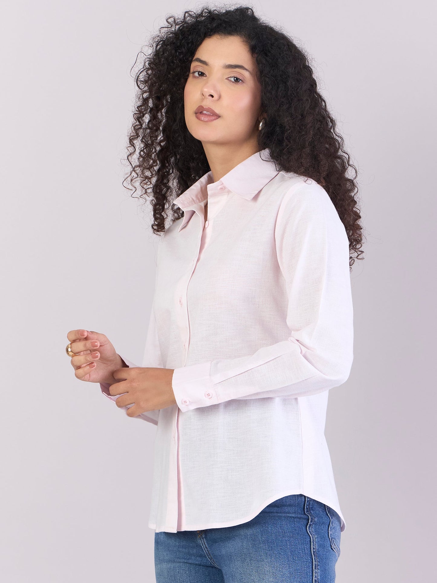 PowerSutra Baby Pink Soft Textured Cotton-linen Long Sleeve Shirt