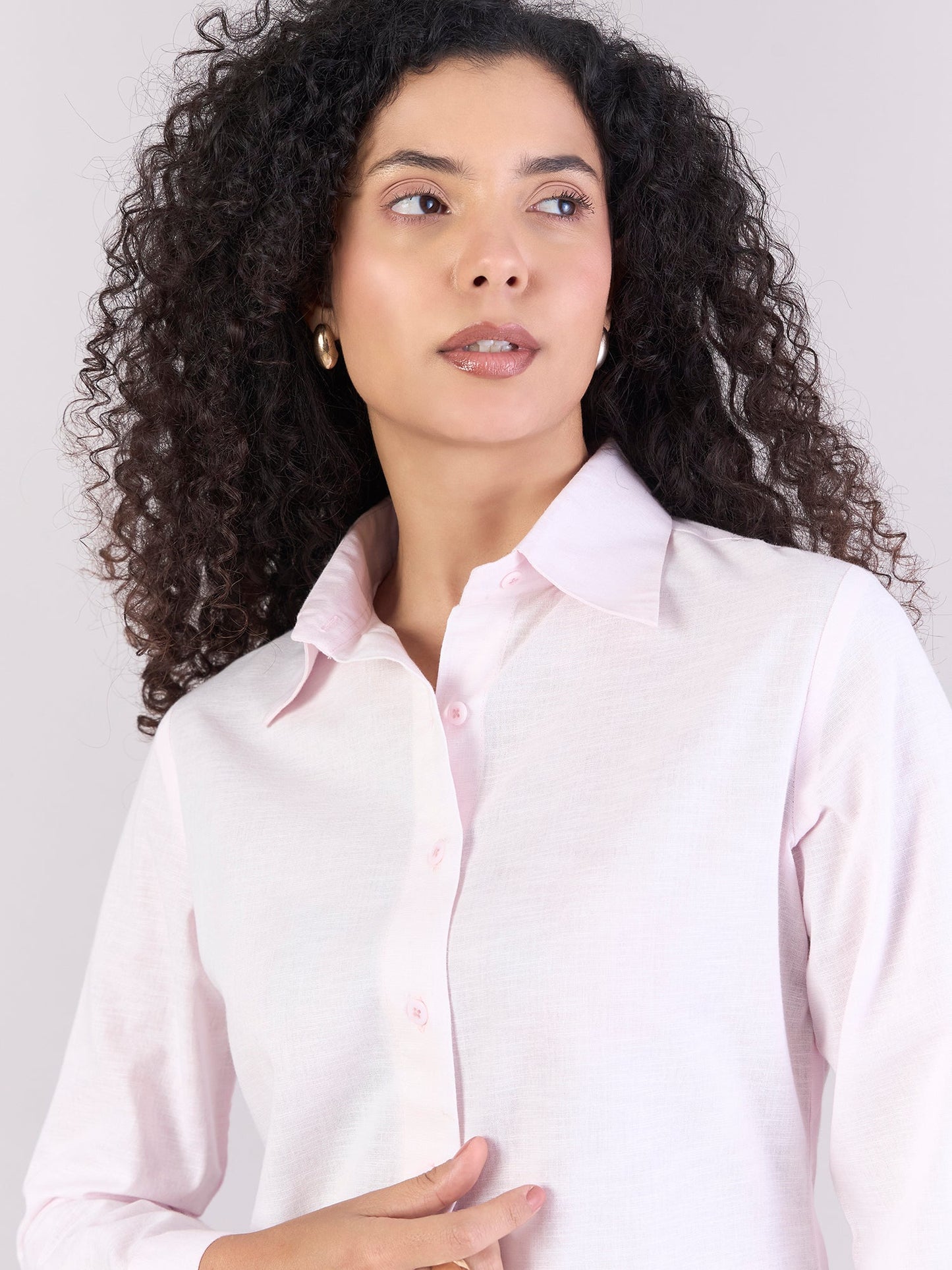 PowerSutra Baby Pink Soft Textured Cotton-linen Long Sleeve Shirt