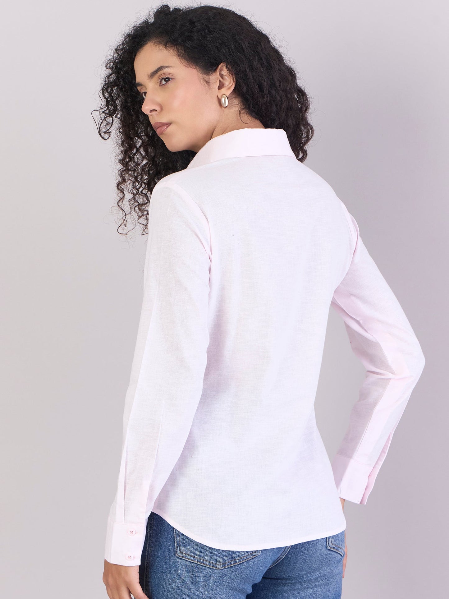 PowerSutra Baby Pink Soft Textured Cotton-linen Long Sleeve Shirt