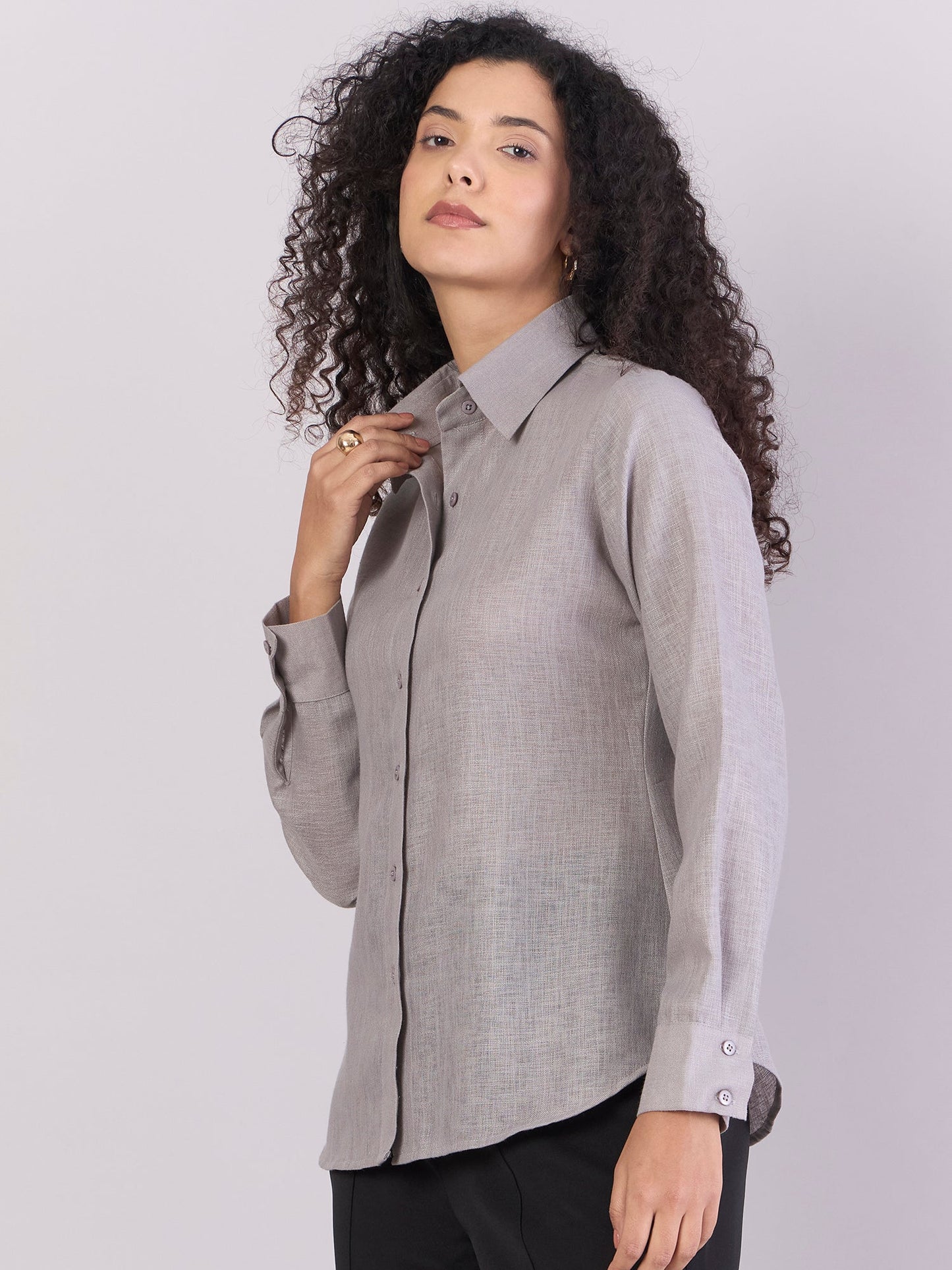 PowerSutra Grey Lightweight Button-up Soft Textured Shirt