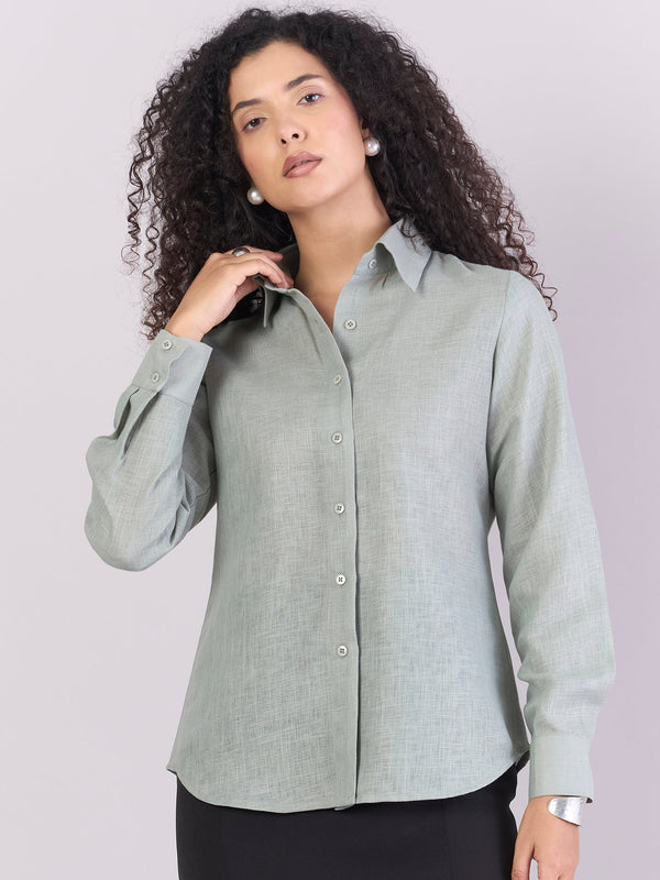PowerSutra Dusty-Sage Green Lightweight  Button-Up Soft Textured Shirt