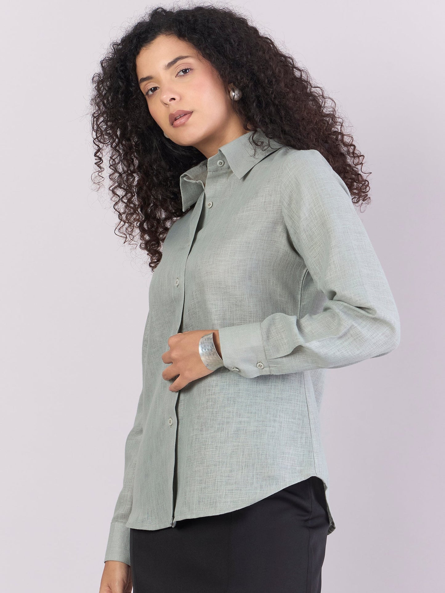 PowerSutra Dusty-Sage Green Lightweight  Button-Up Soft Textured Shirt