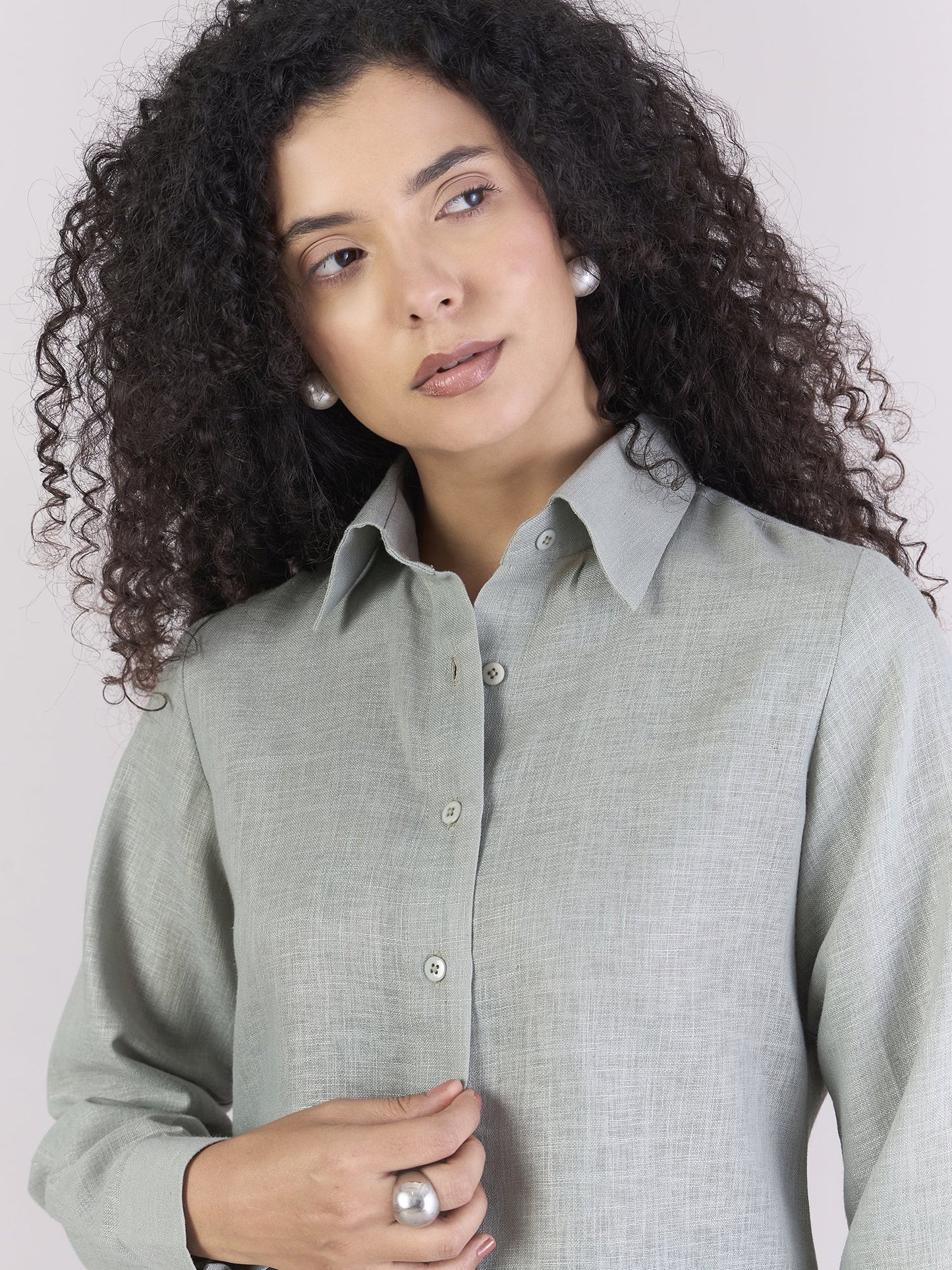 PowerSutra Dusty-Sage Green Lightweight  Button-Up Soft Textured Shirt