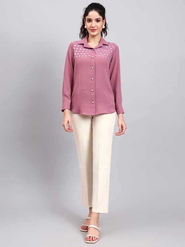 Powersutra Classic Pink Satin Shirt With Embroidered Detailing And Comfort Fit