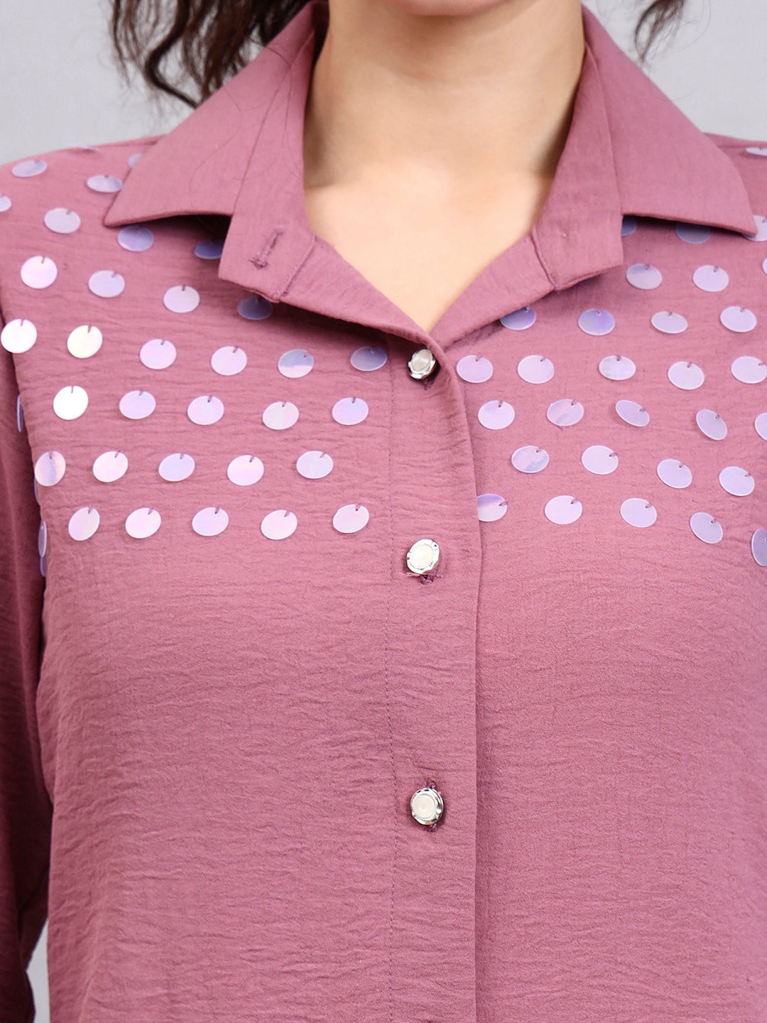 Powersutra Classic Pink Satin Shirt With Embroidered Detailing And Comfort Fit