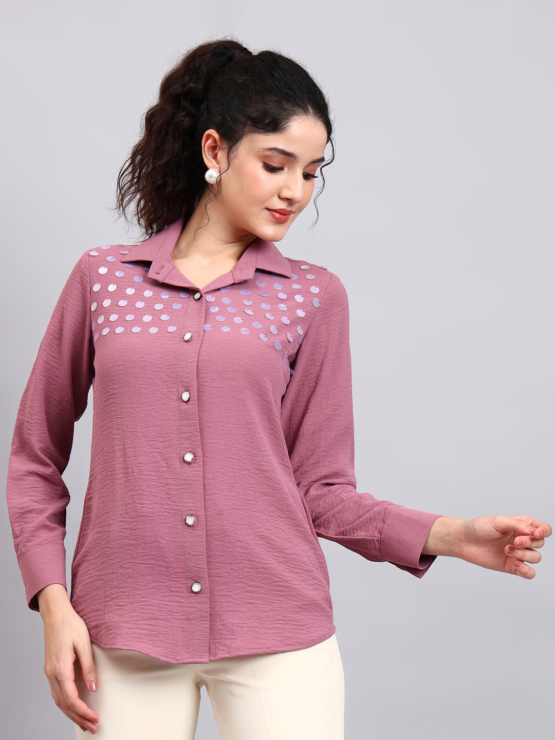Powersutra Classic Pink Satin Shirt With Embroidered Detailing And Comfort Fit