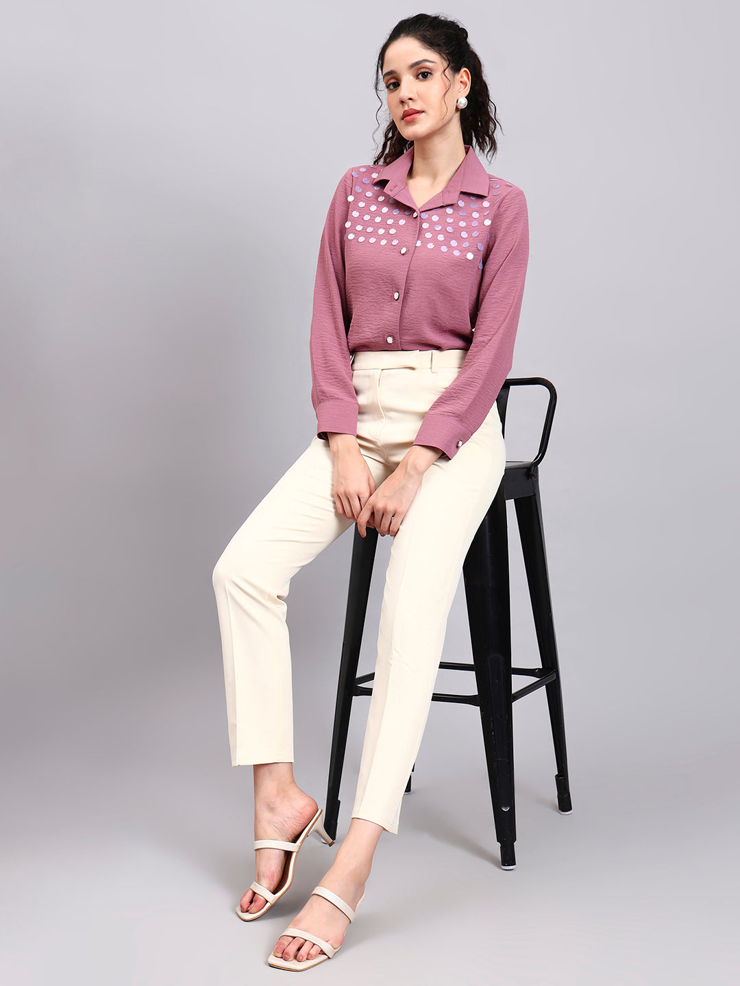 Powersutra Classic Pink Satin Shirt With Embroidered Detailing And Comfort Fit