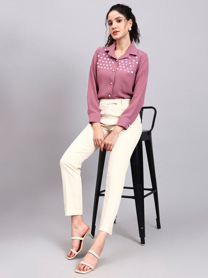 Powersutra Classic Pink Satin Shirt With Embroidered Detailing And Comfort Fit