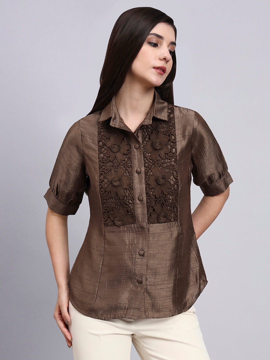 Powersutra Women Modern Casual Floral Embroidery Shirt