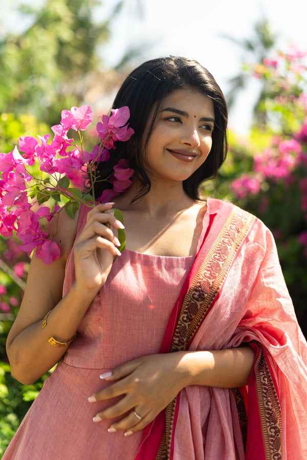 Studio  Peach Pink Malar Narayanpet Anarkali Top & Dupatta