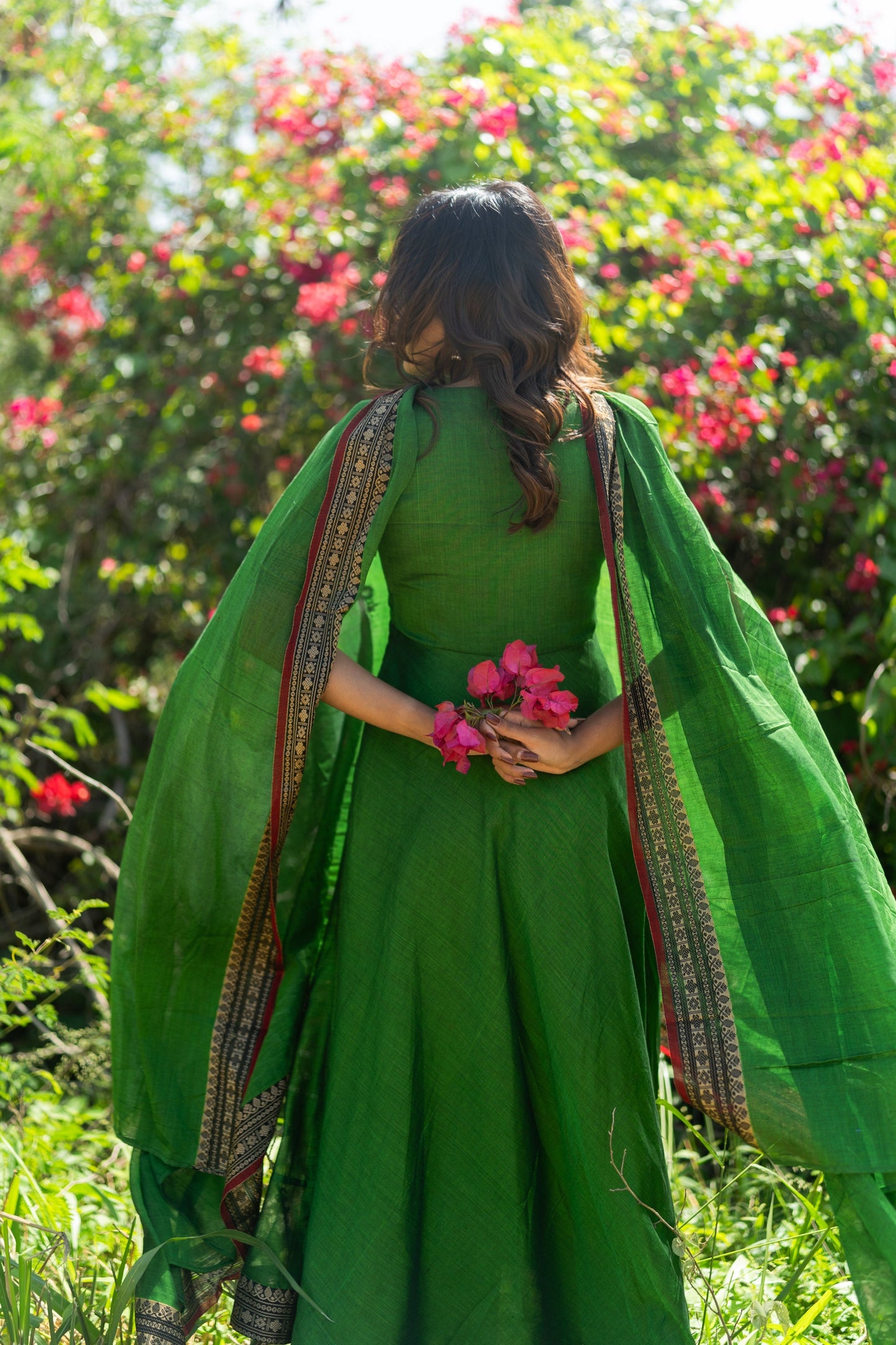 Studio  Forest Green Malar Narayanpet Anarkali Top & Dupatta