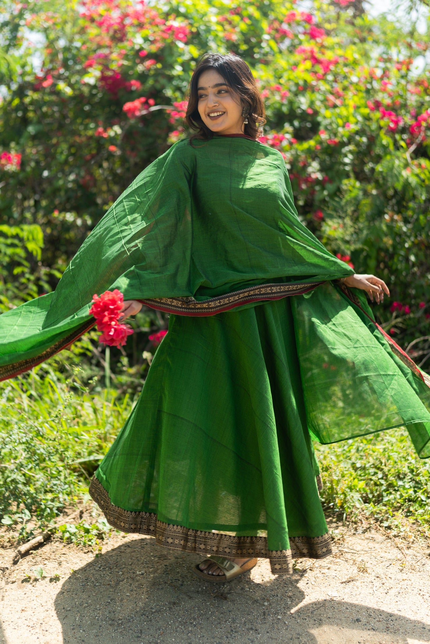 Studio  Forest Green Malar Narayanpet Anarkali Top & Dupatta