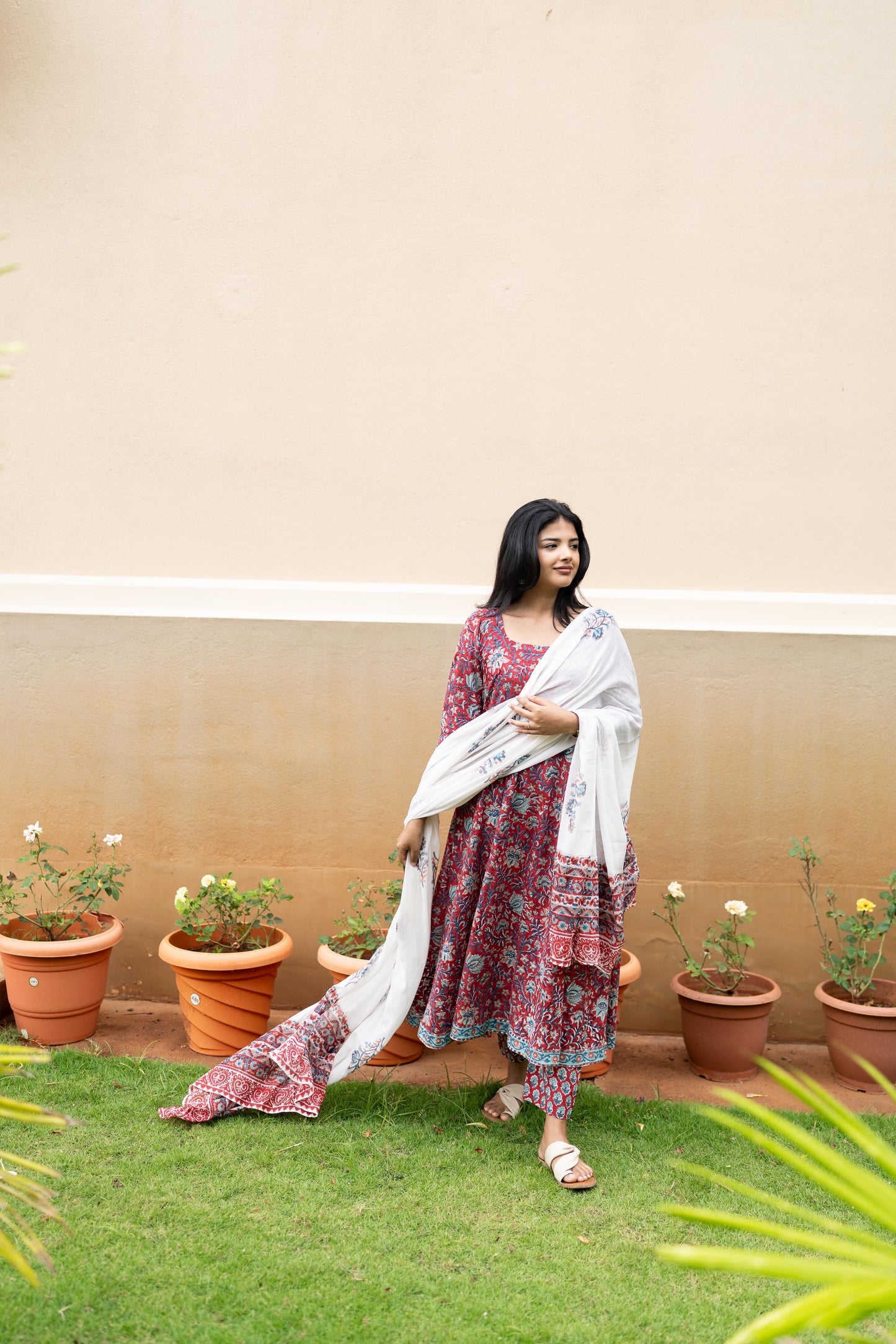 Studio Deep Red Handblock Printed Anarkali Set